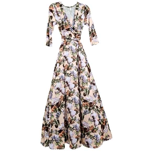 Nwt Pink Blush Blush Pink w/Peach,Lav/White Floral 3/4 Sleeve Jersey Maxidress - Picture 8 of 16